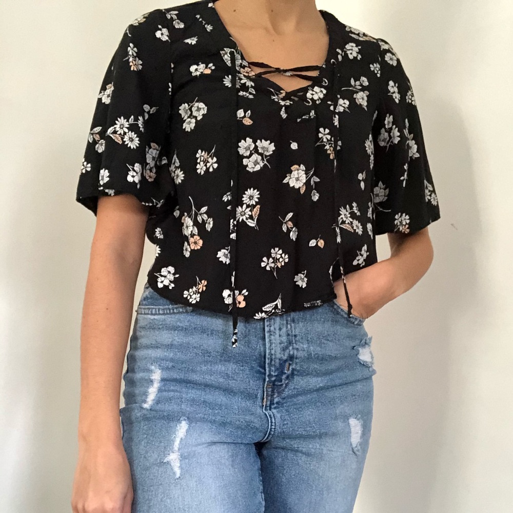 Black Floral lace up shirt